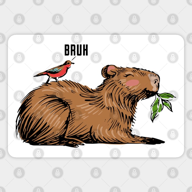Capybara with Little Bird Friend saying Bruh trendy meme Magnet by Luxinda